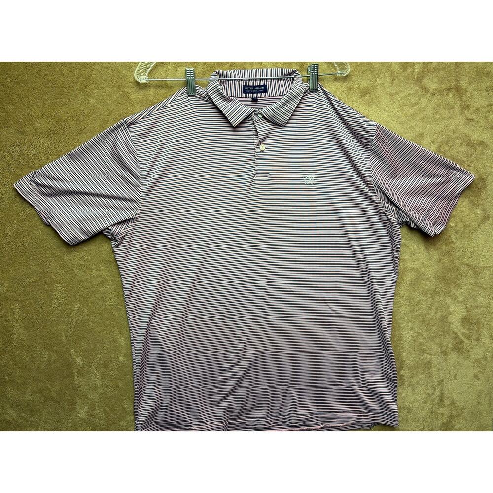 Peter Millar Summer Comfort Polo Shirt Mens XL Pink Black Striped Gold Stretch